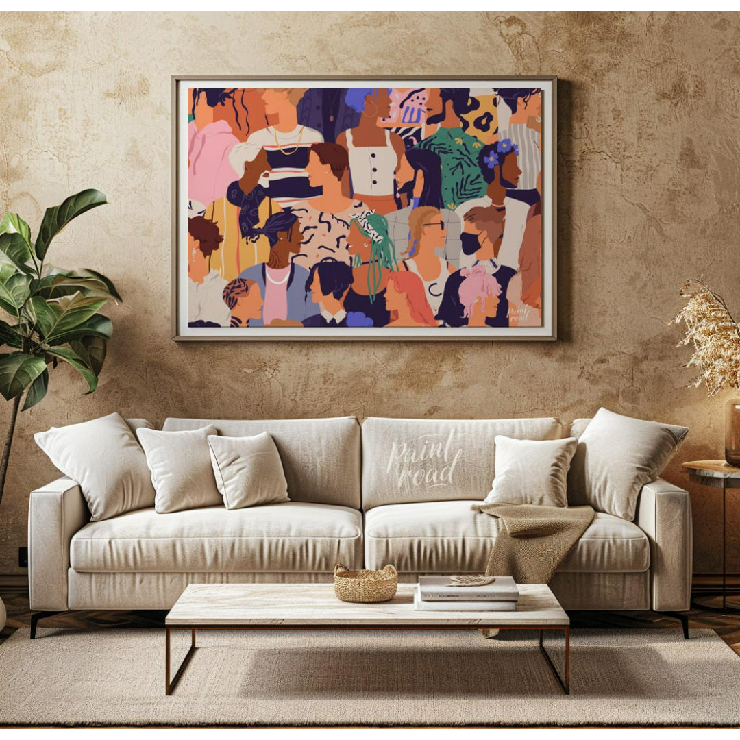 This vibrant illustration captures a diverse crowd of individuals, rendered in a stylized, contempo… for living room