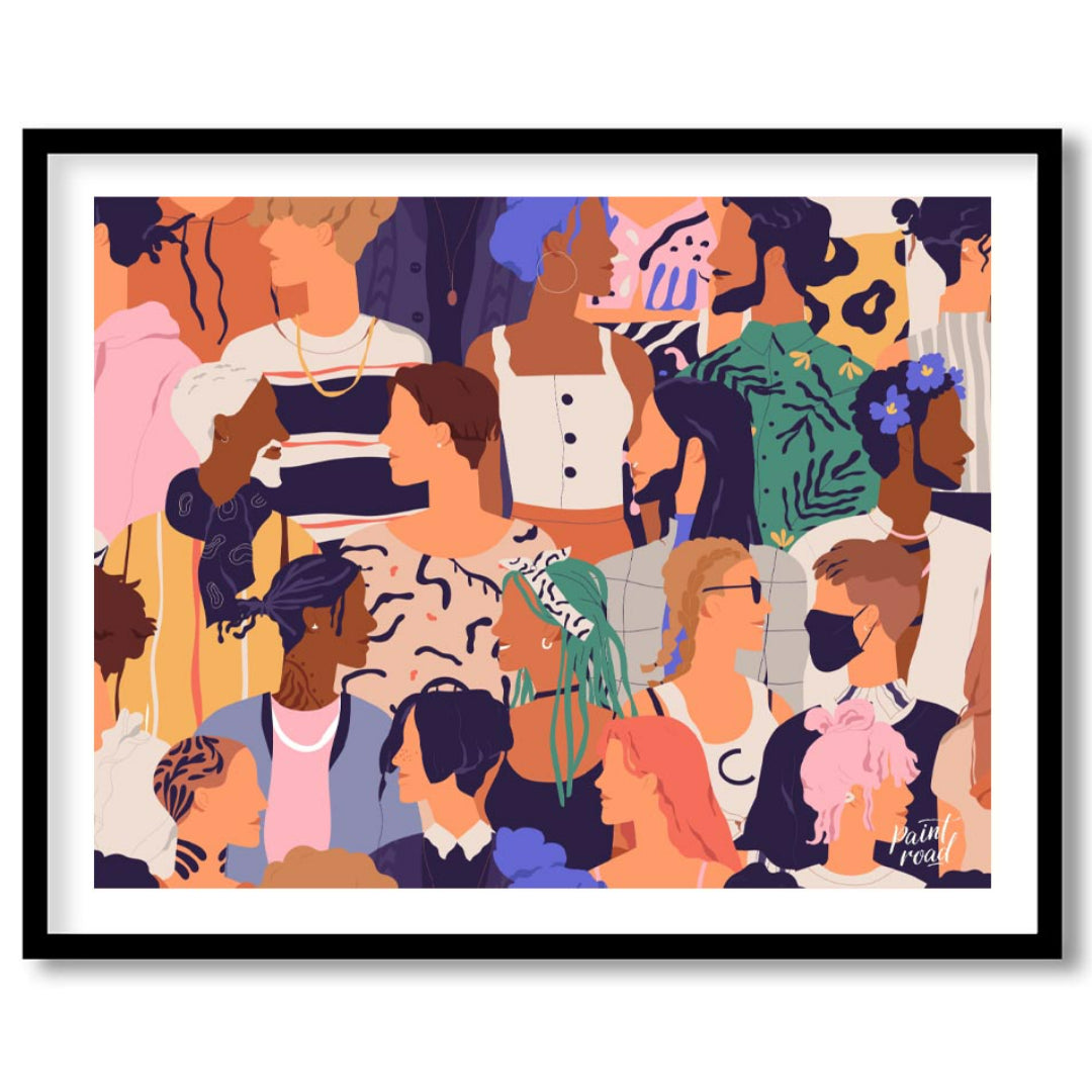 This vibrant illustration captures a diverse crowd of individuals, rendered in a stylized, contempo… for place