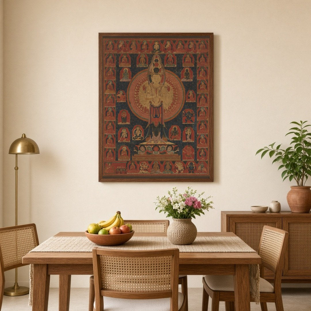 Immerse yourself in the tranquil beauty of this Avalokiteshvara Thangka, a masterpiece of Tibetan for Dining