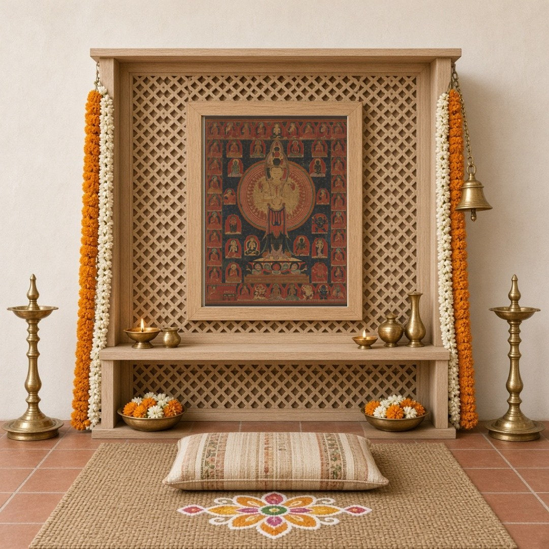 Immerse yourself in the tranquil beauty of this Avalokiteshvara Thangka, a masterpiece of Tibetan for Home Temple