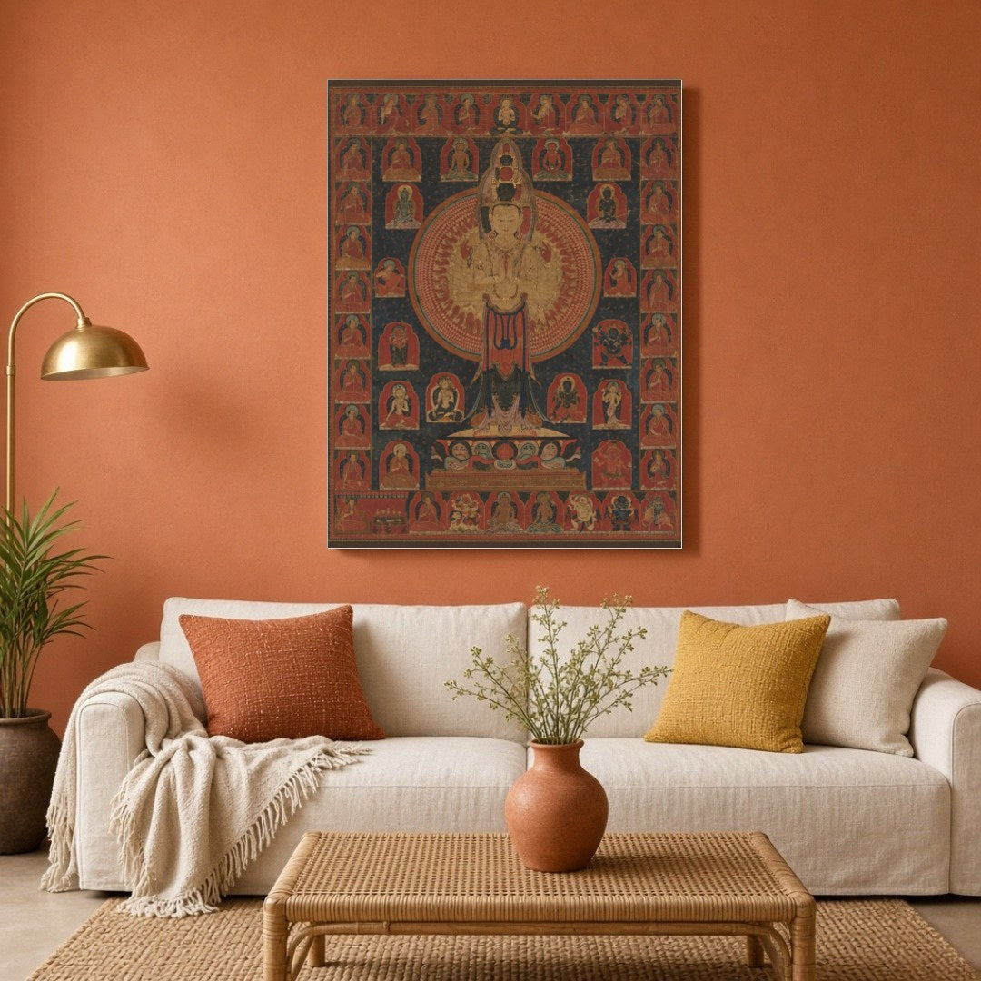 Immerse yourself in the tranquil beauty of this Avalokiteshvara Thangka, a masterpiece of Tibetan for Living Room