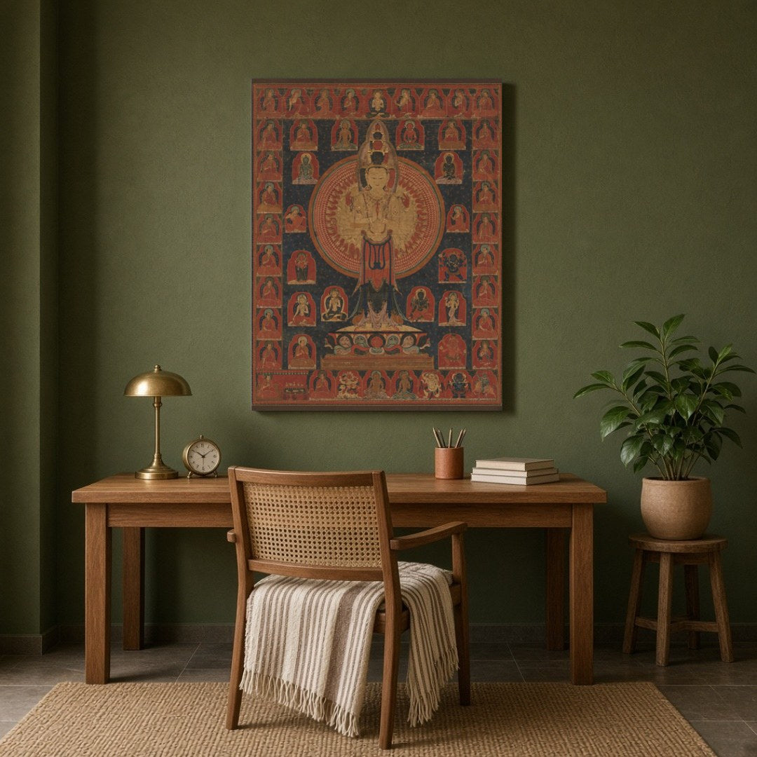Immerse yourself in the tranquil beauty of this Avalokiteshvara Thangka, a masterpiece of Tibetan for Study