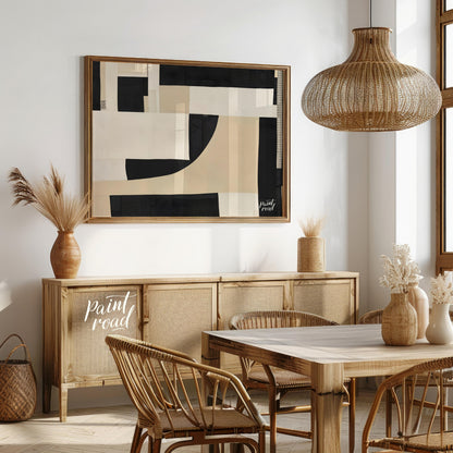 """Constructed Contrast"" presents a striking abstract composition featuring a collage-like arrange… for dining room
