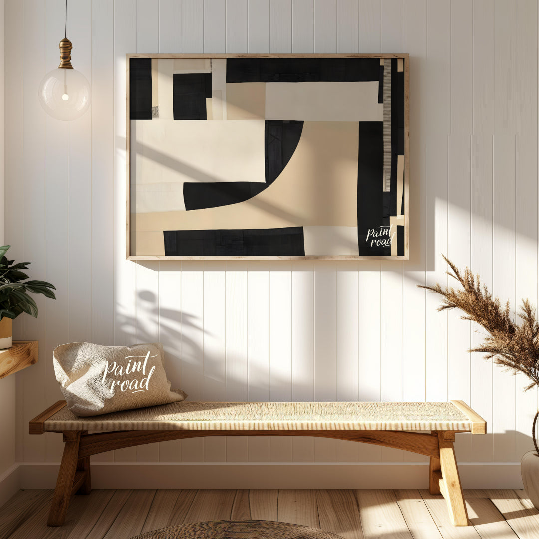 """Constructed Contrast"" presents a striking abstract composition featuring a collage-like arrange… for entryway