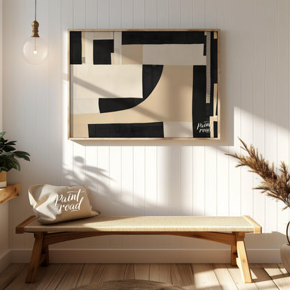 """Constructed Contrast"" presents a striking abstract composition featuring a collage-like arrange… for entryway