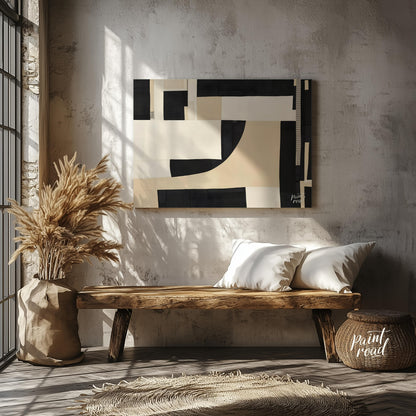 """Constructed Contrast"" presents a striking abstract composition featuring a collage-like arrange… for entryway