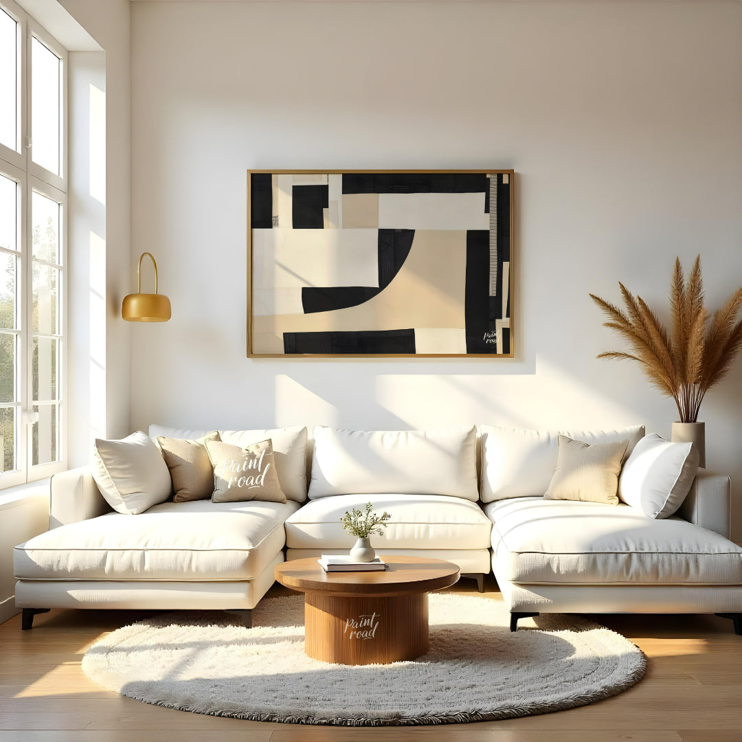 """Constructed Contrast"" presents a striking abstract composition featuring a collage-like arrange… for living room