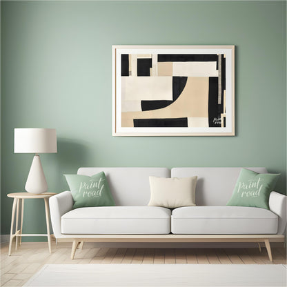 """Constructed Contrast"" presents a striking abstract composition featuring a collage-like arrange… for living room