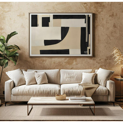 """Constructed Contrast"" presents a striking abstract composition featuring a collage-like arrange… for living room