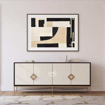 """Constructed Contrast"" presents a striking abstract composition featuring a collage-like arrange… for living room