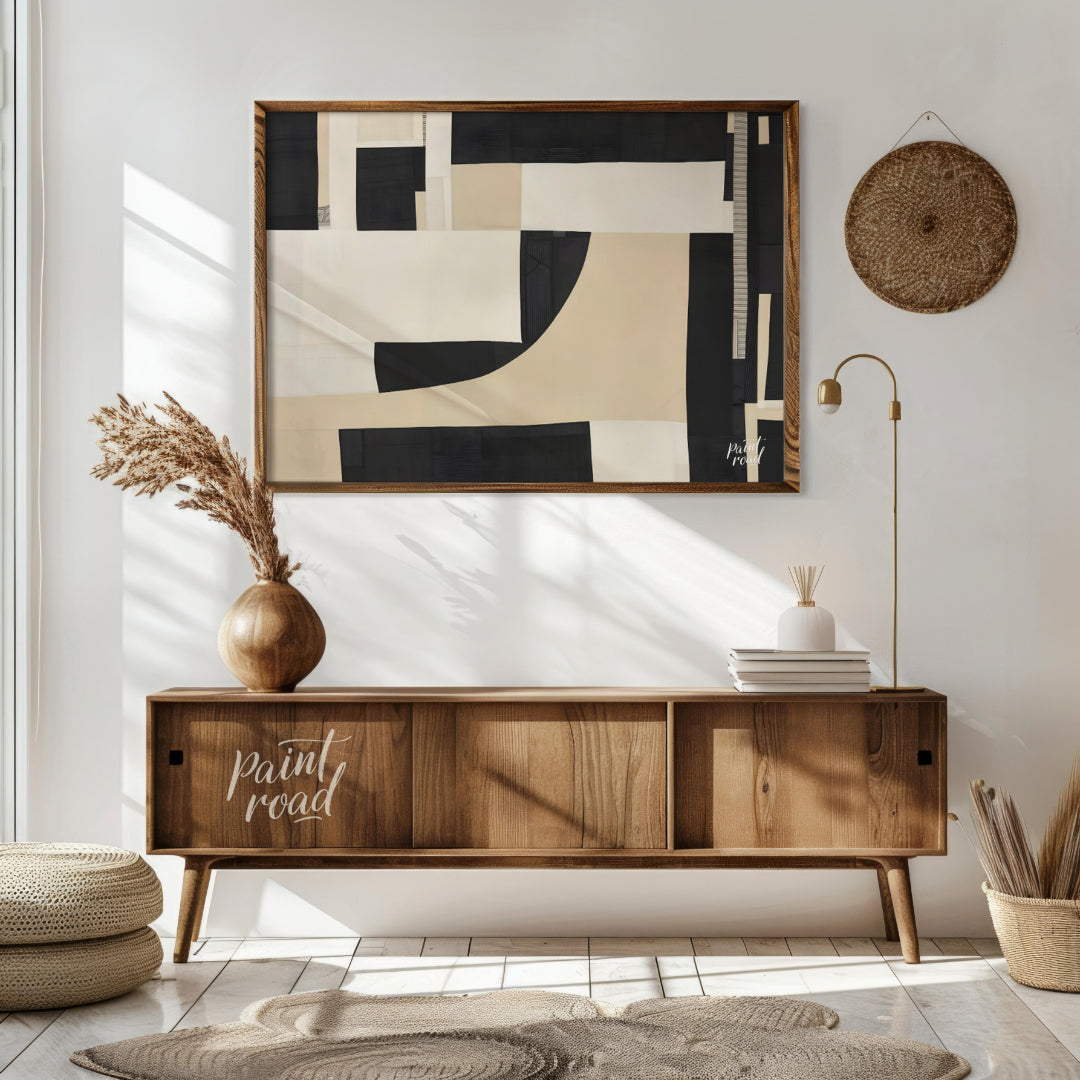 """Constructed Contrast"" presents a striking abstract composition featuring a collage-like arrange… for living room