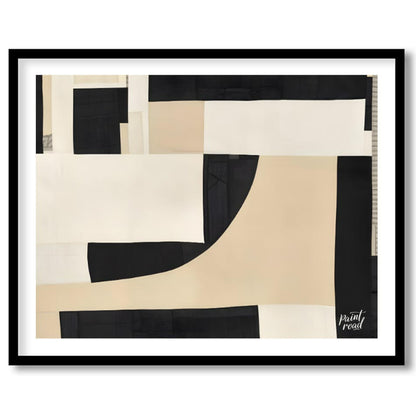 """Constructed Contrast"" presents a striking abstract composition featuring a collage-like arrange… for room