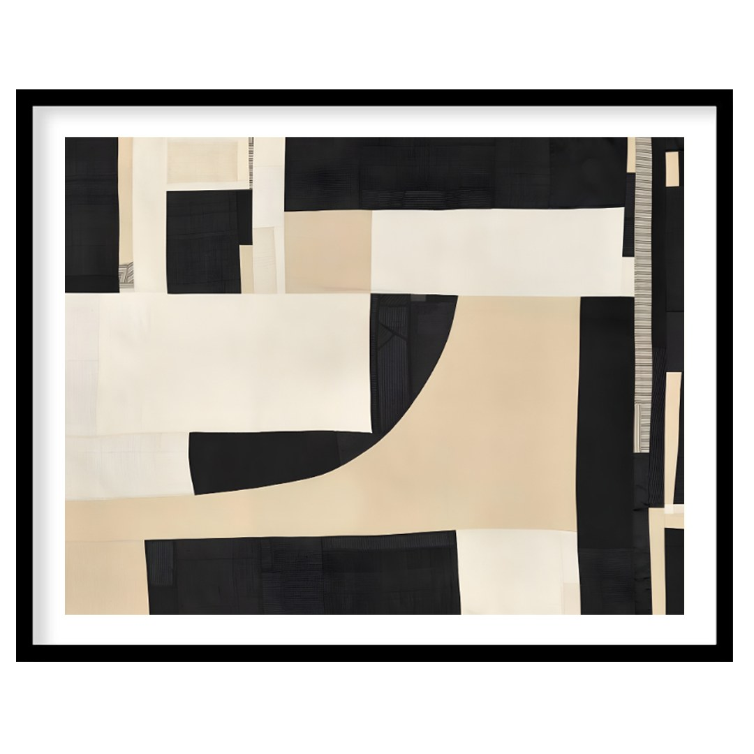 """Constructed Contrast"" presents a striking abstract composition featuring a collage-like arrange… for room