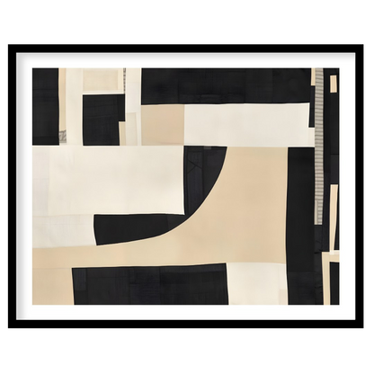 """Constructed Contrast"" presents a striking abstract composition featuring a collage-like arrange… for room