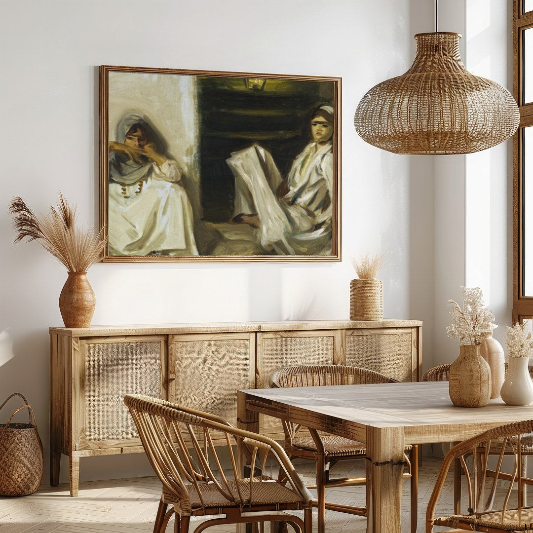 Experience a moment of serenity with this evocative artwork featuring two figures in traditional for Dining