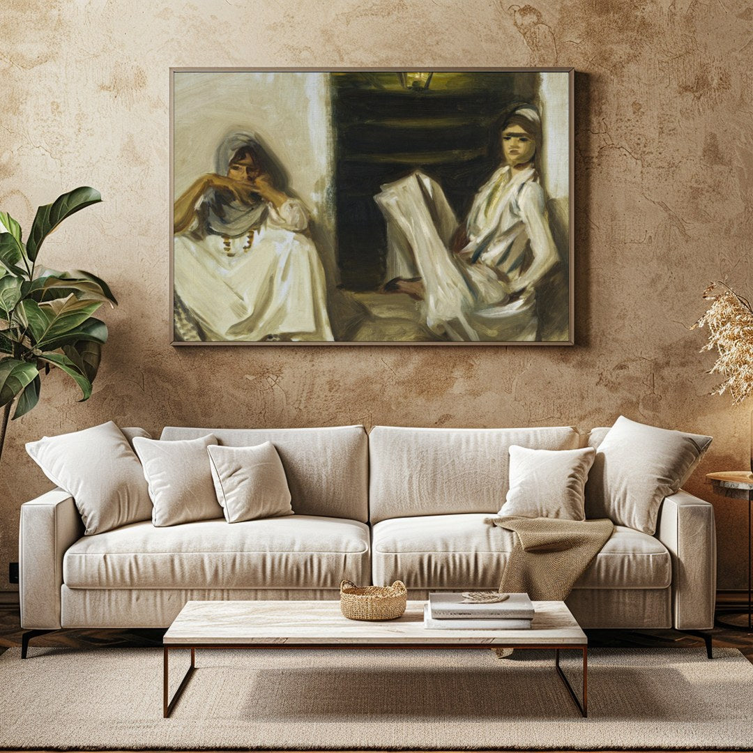 Experience a moment of serenity with this evocative artwork featuring two figures in traditional for Family Room