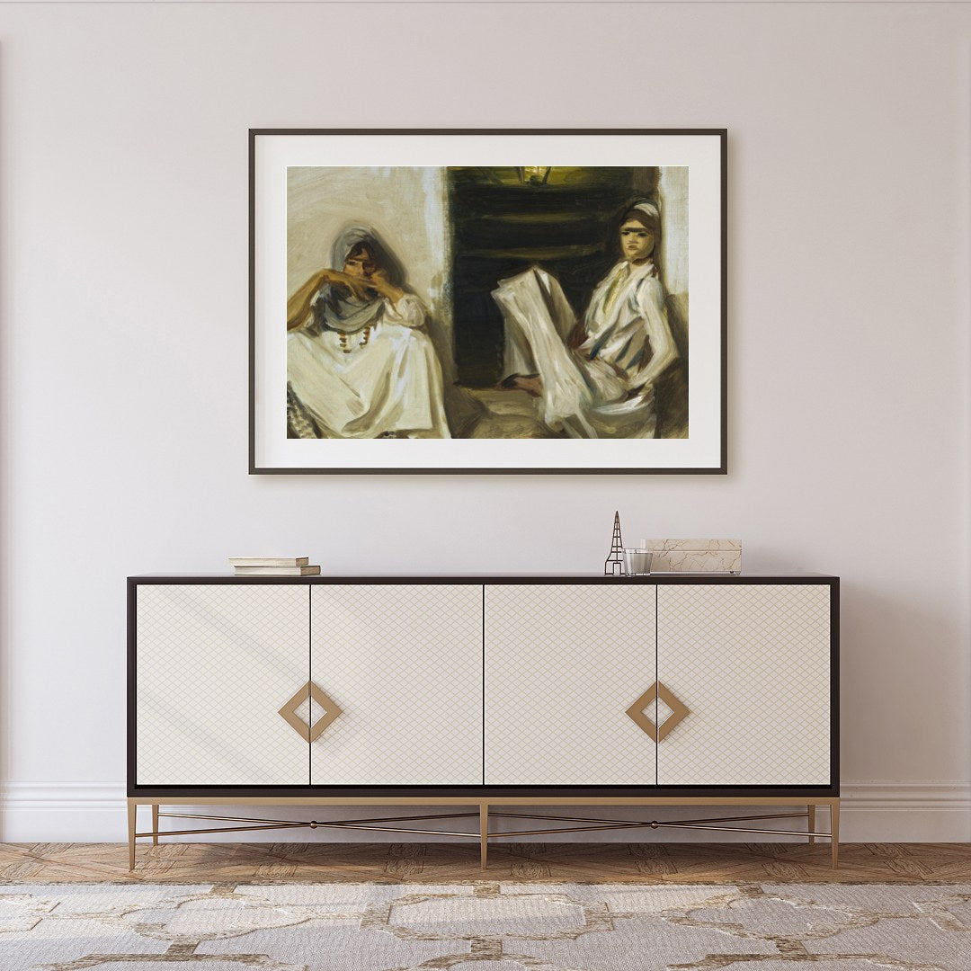 Experience a moment of serenity with this evocative artwork featuring two figures in traditional for Foyer