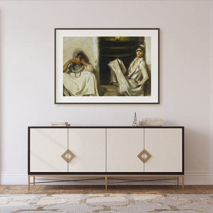 Experience a moment of serenity with this evocative artwork featuring two figures in traditional for Foyer