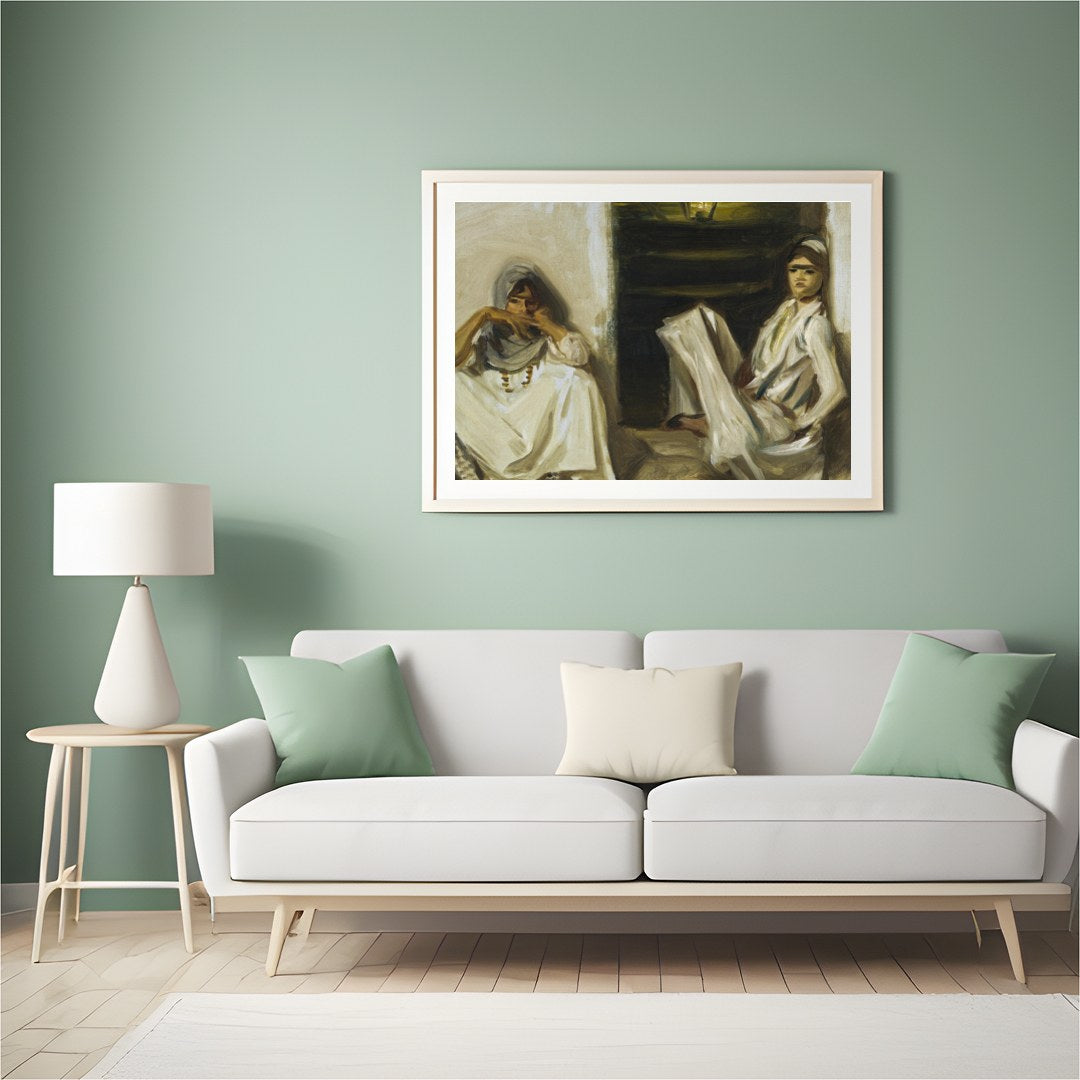 Experience a moment of serenity with this evocative artwork featuring two figures in traditional for Hall