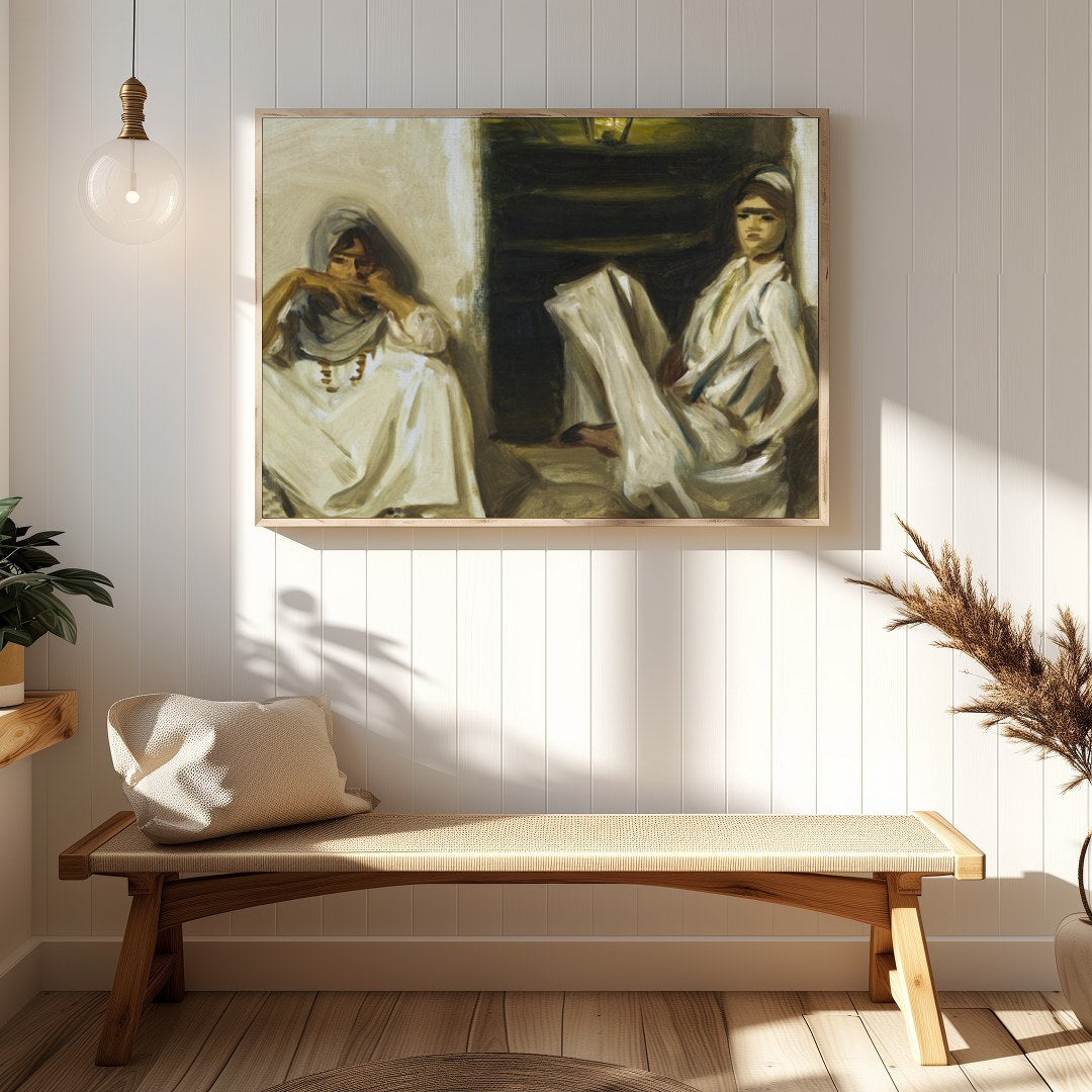Experience a moment of serenity with this evocative artwork featuring two figures in traditional for Hallway