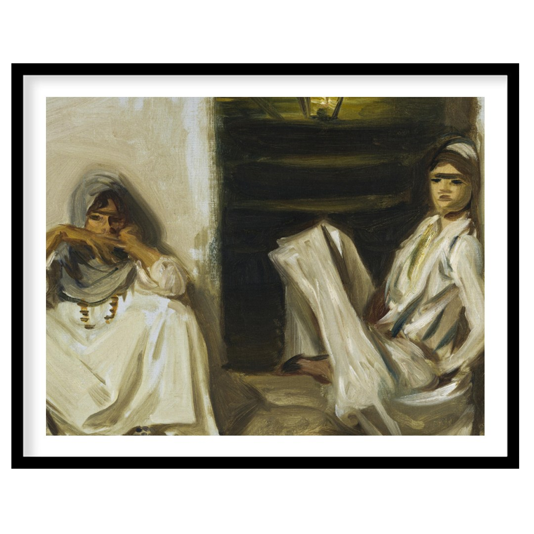 Experience a moment of serenity with this evocative artwork featuring two figures in traditional for kitchen