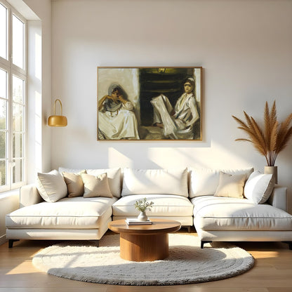 Experience a moment of serenity with this evocative artwork featuring two figures in traditional for Living Room