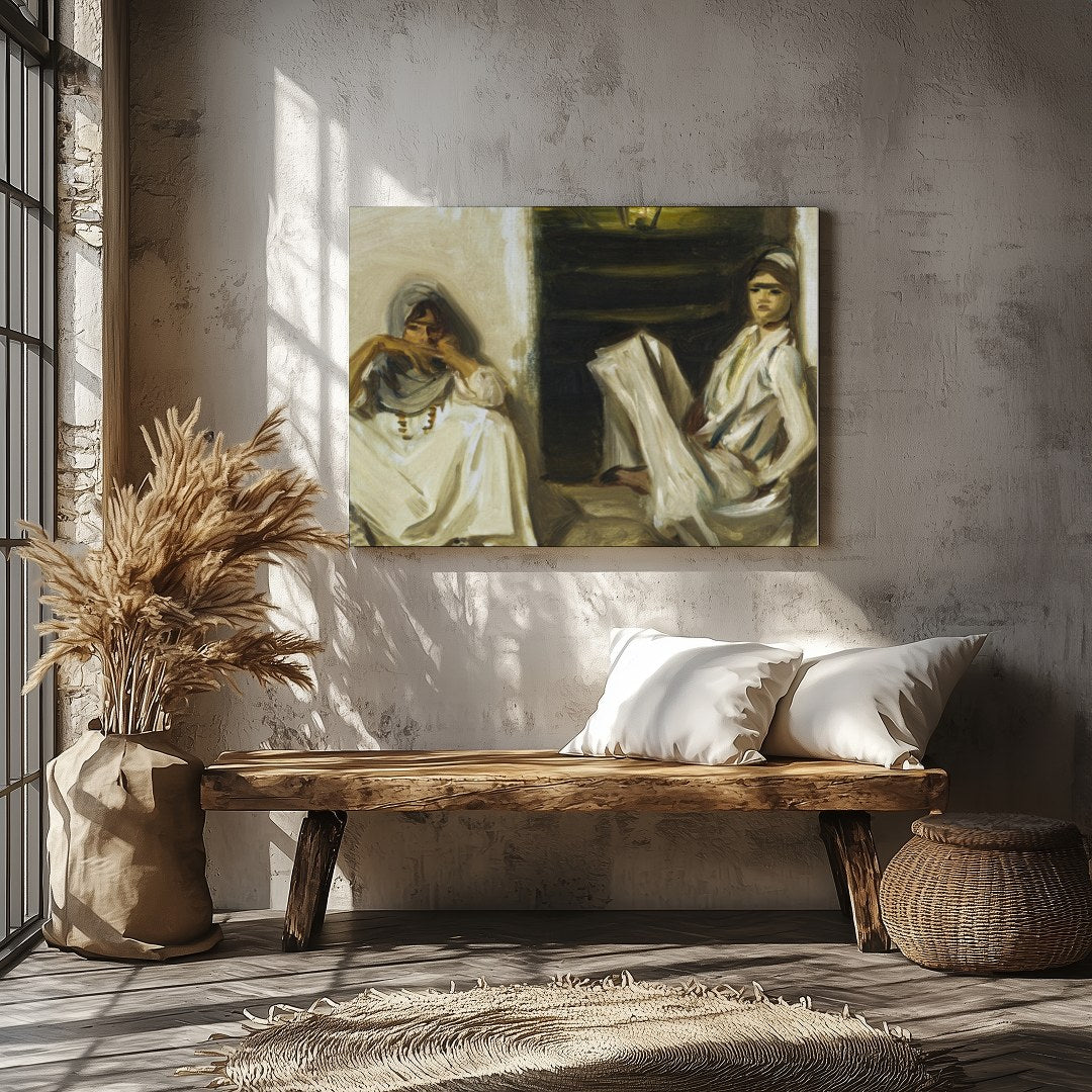 Experience a moment of serenity with this evocative artwork featuring two figures in traditional for Veranda