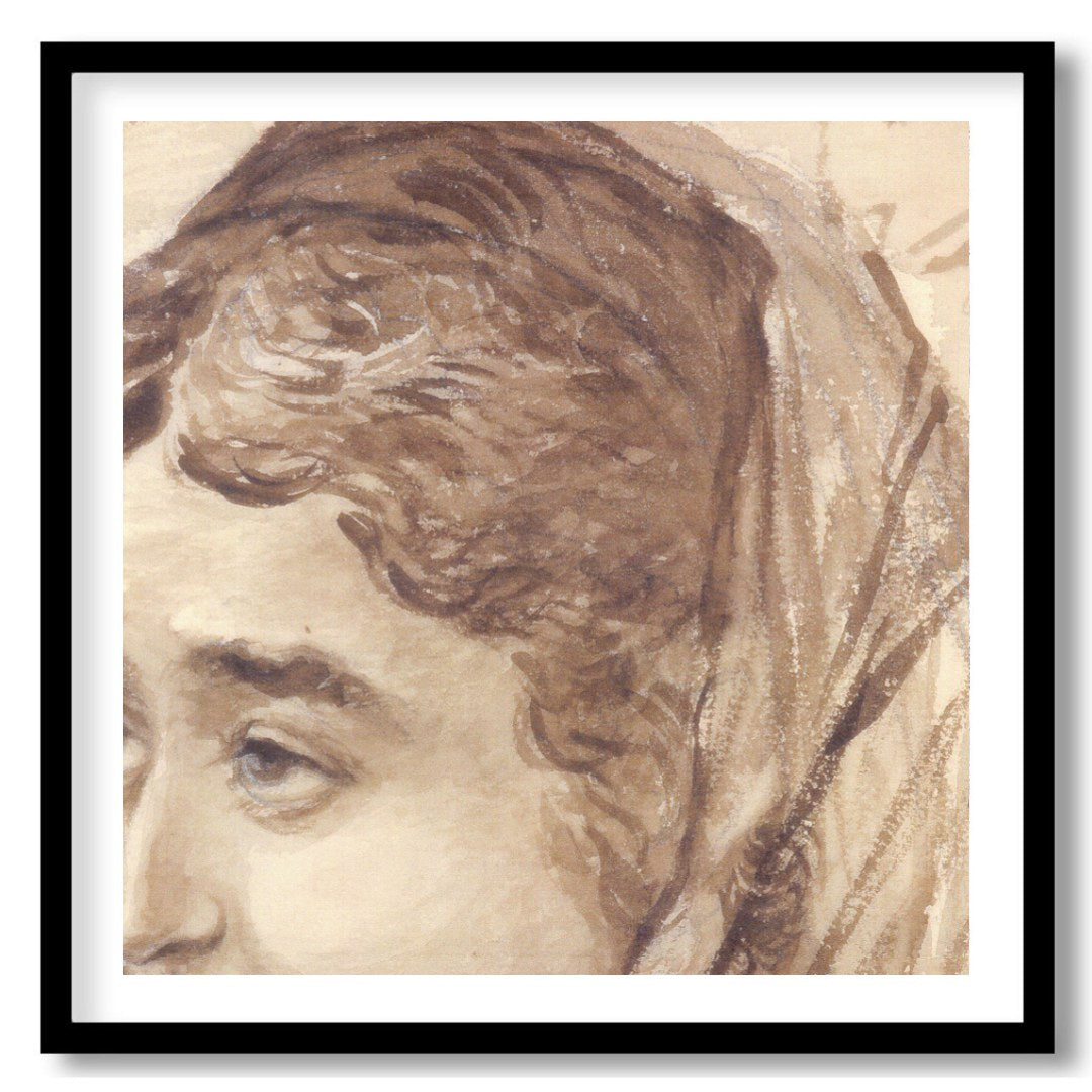 This exquisite sketch captures a moment of serene contemplation. The delicate use of sepia tones for area