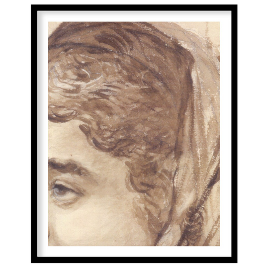 This exquisite sketch captures a moment of serene contemplation. The delicate use of sepia tones for area