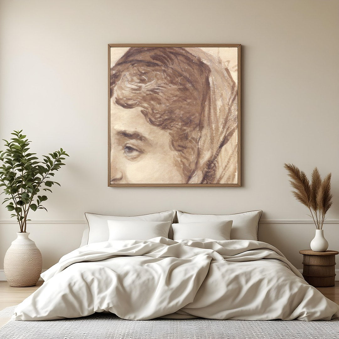 This exquisite sketch captures a moment of serene contemplation. The delicate use of sepia tones for Bedroom