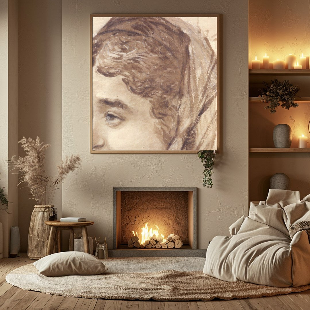 This exquisite sketch captures a moment of serene contemplation. The delicate use of sepia tones for Hall