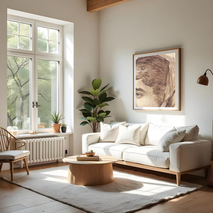 This exquisite sketch captures a moment of serene contemplation. The delicate use of sepia tones for Living Room