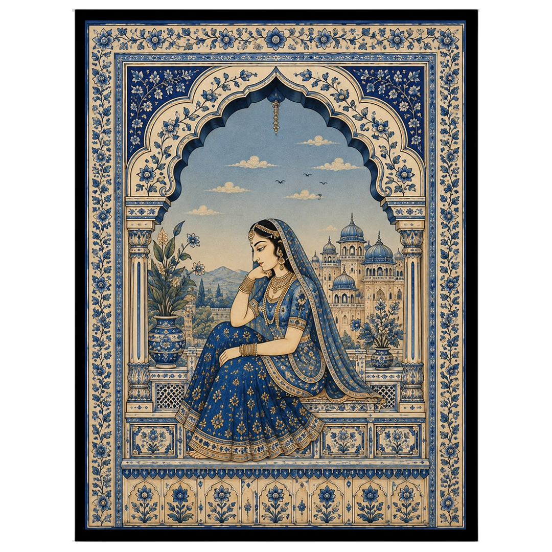 This exquisite painting captures the serene beauty of a Mughal princess in a tranquil moment of for decor