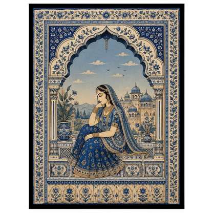 This exquisite painting captures the serene beauty of a Mughal princess in a tranquil moment of for decor