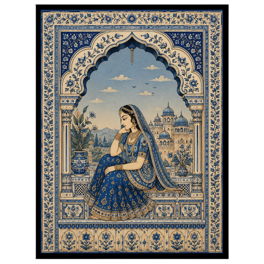 This exquisite painting captures the serene beauty of a Mughal princess in a tranquil moment of for decor