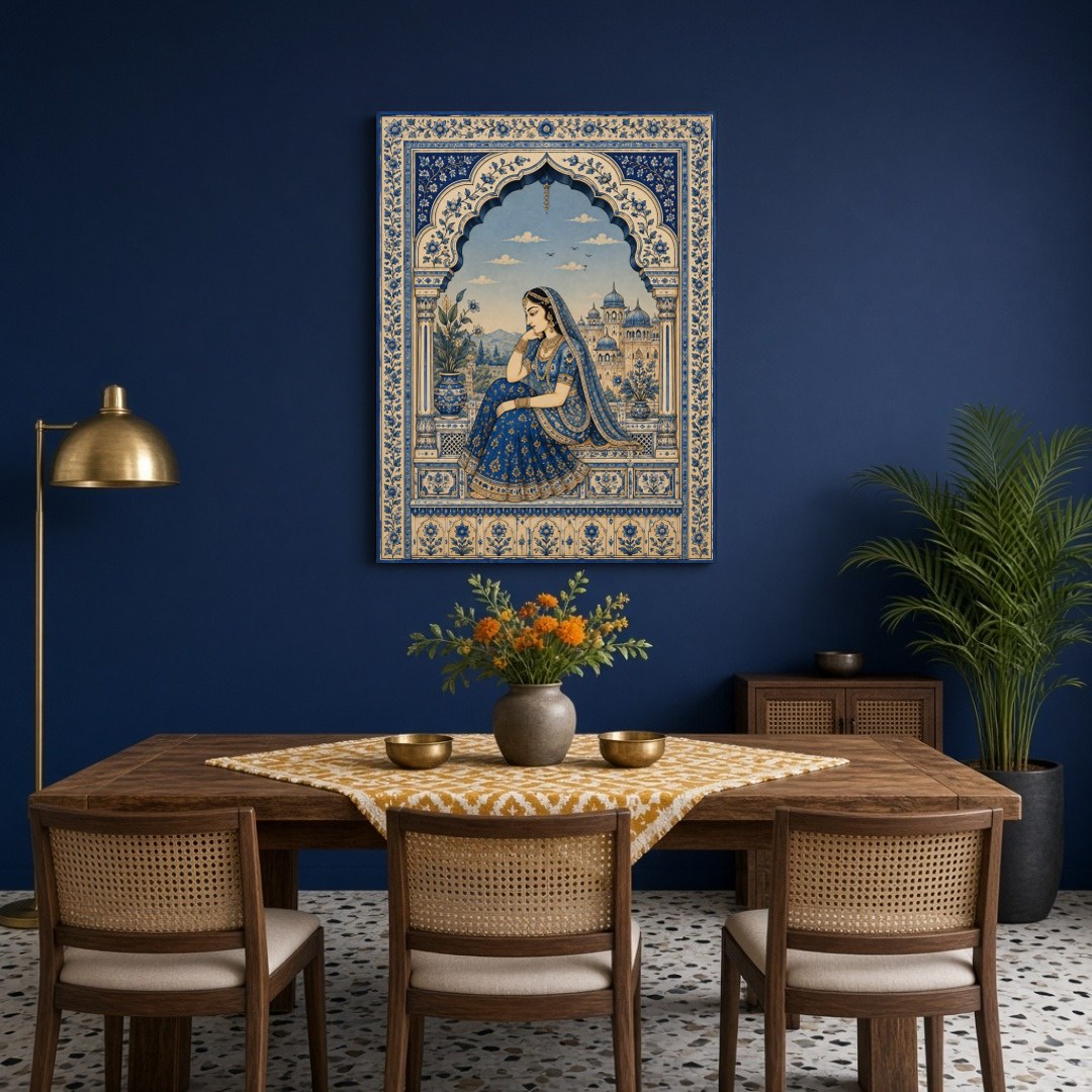 This exquisite painting captures the serene beauty of a Mughal princess in a tranquil moment of for Dining