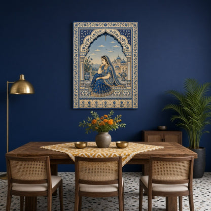 This exquisite painting captures the serene beauty of a Mughal princess in a tranquil moment of for Dining