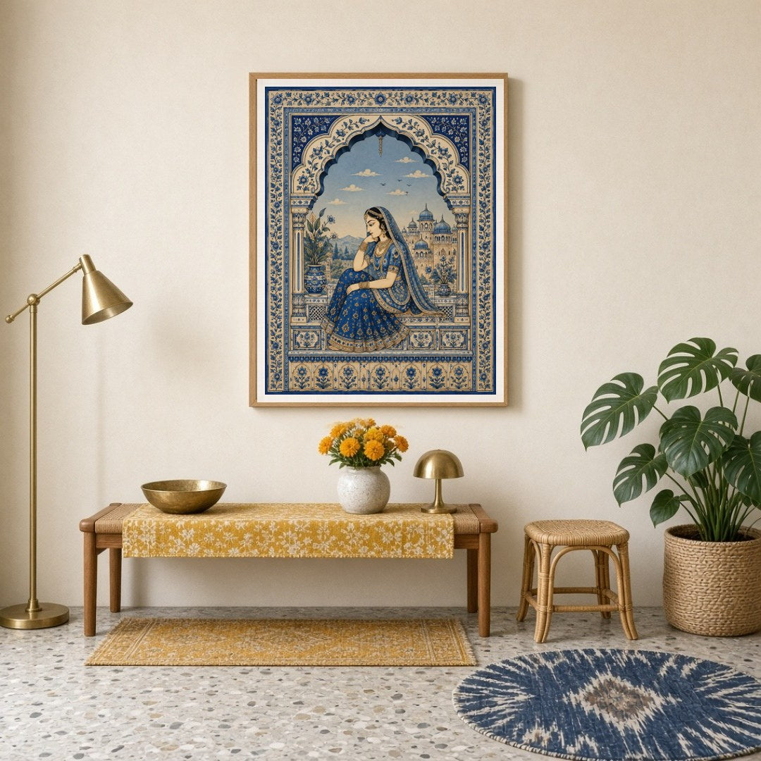 This exquisite painting captures the serene beauty of a Mughal princess in a tranquil moment of for Entrance