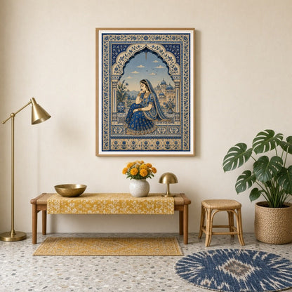 This exquisite painting captures the serene beauty of a Mughal princess in a tranquil moment of for Entrance