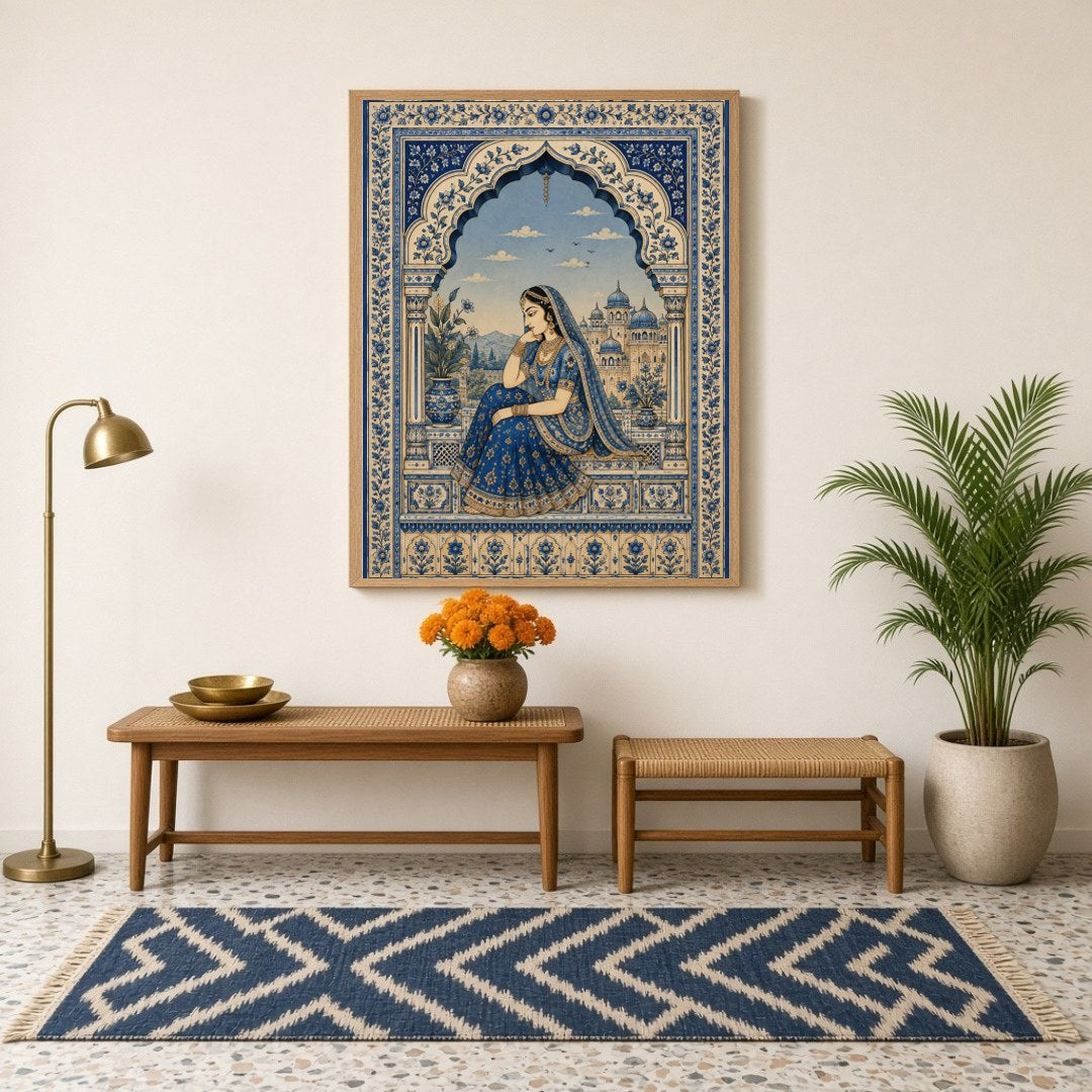 This exquisite painting captures the serene beauty of a Mughal princess in a tranquil moment of for Hallway