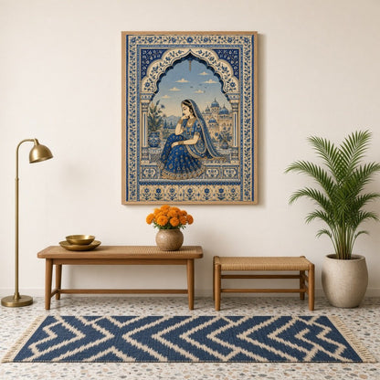 This exquisite painting captures the serene beauty of a Mughal princess in a tranquil moment of for Hallway