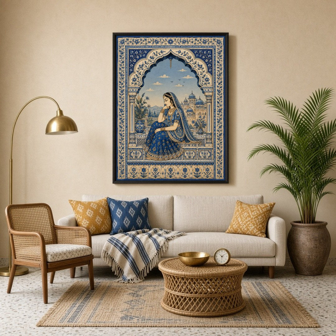 This exquisite painting captures the serene beauty of a Mughal princess in a tranquil moment of for Living Room