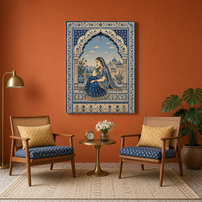 This exquisite painting captures the serene beauty of a Mughal princess in a tranquil moment of for Sitting Area