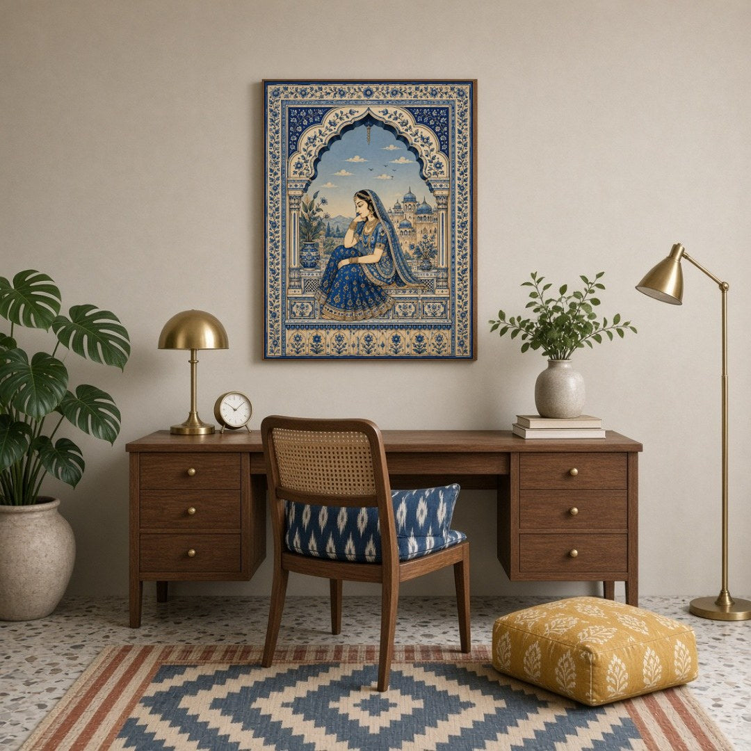 This exquisite painting captures the serene beauty of a Mughal princess in a tranquil moment of for Study