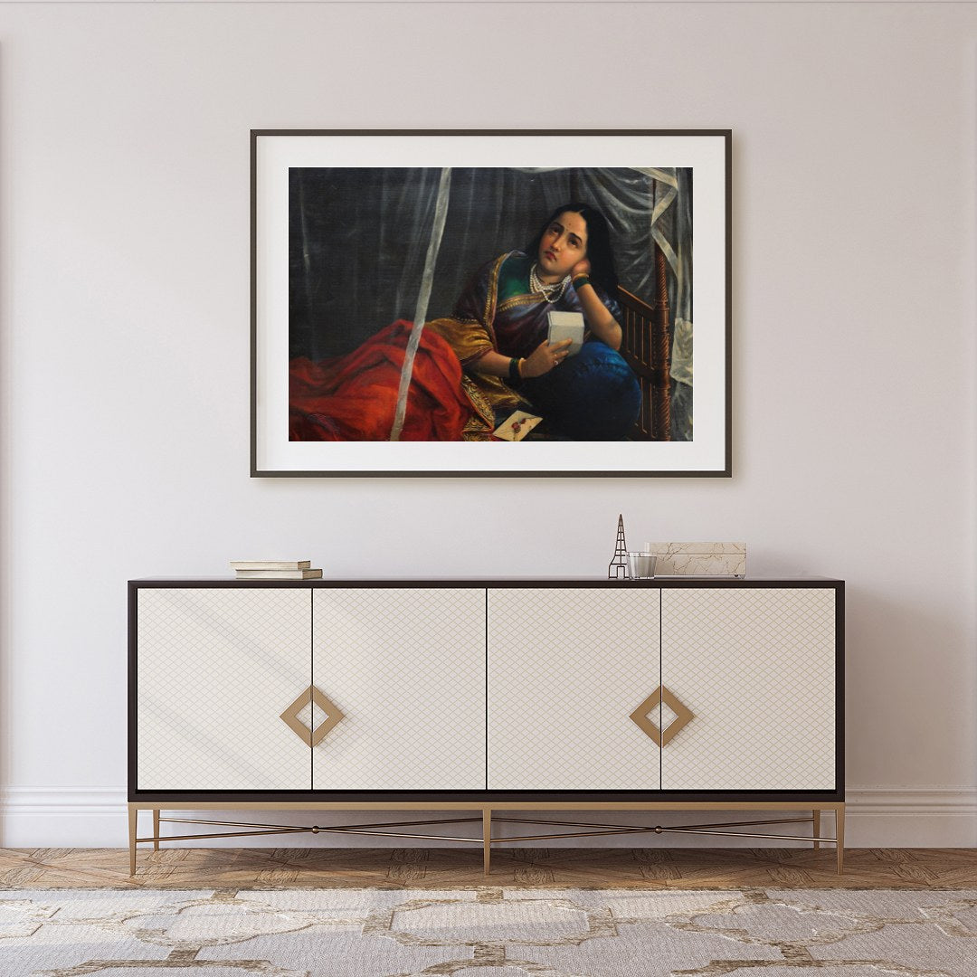 This evocative artwork captures a moment of introspection as a figure rests beneath a delicate for Foyer
