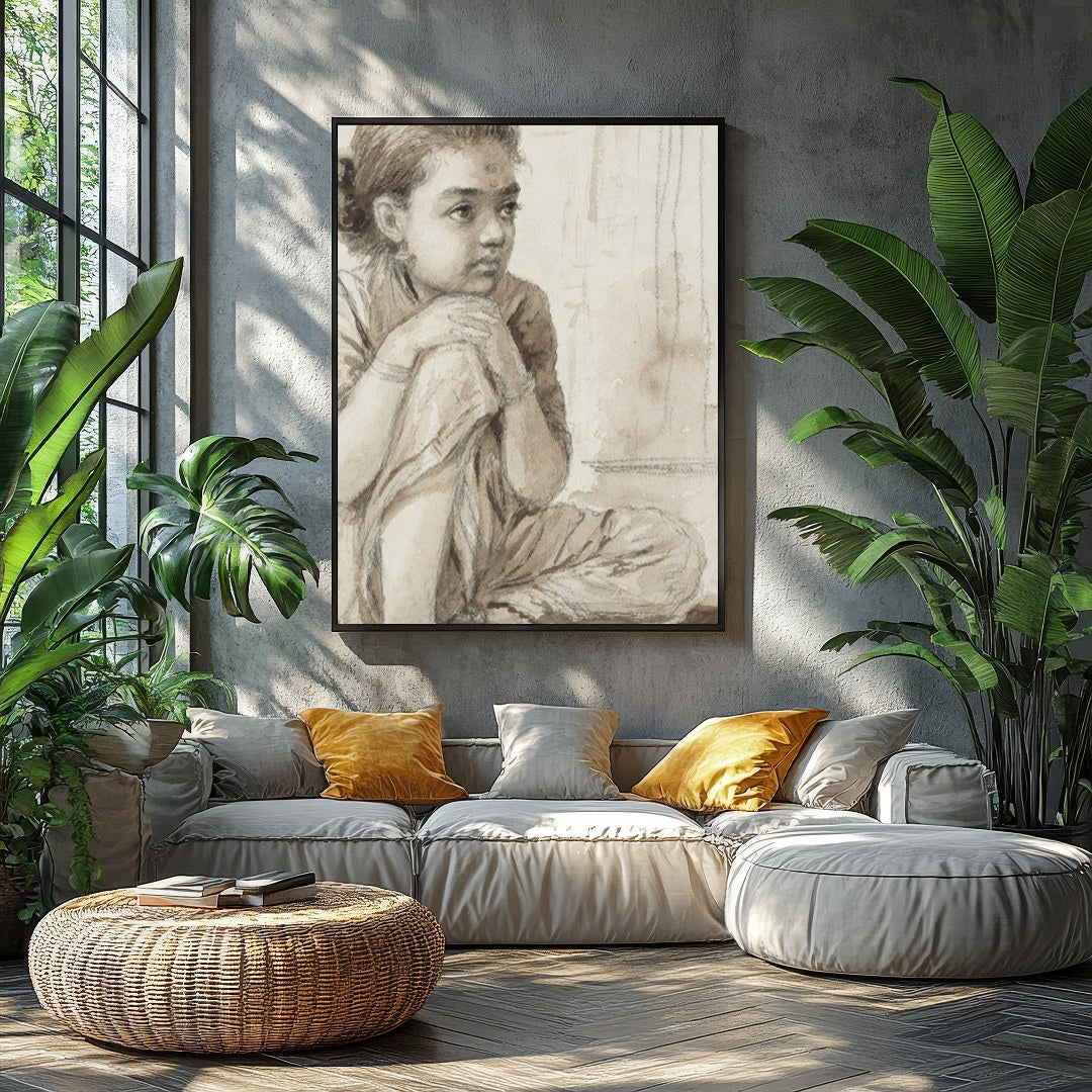 This delicate sketch captures the quiet introspection of a young girl, seated thoughtfully beside a for Balcony