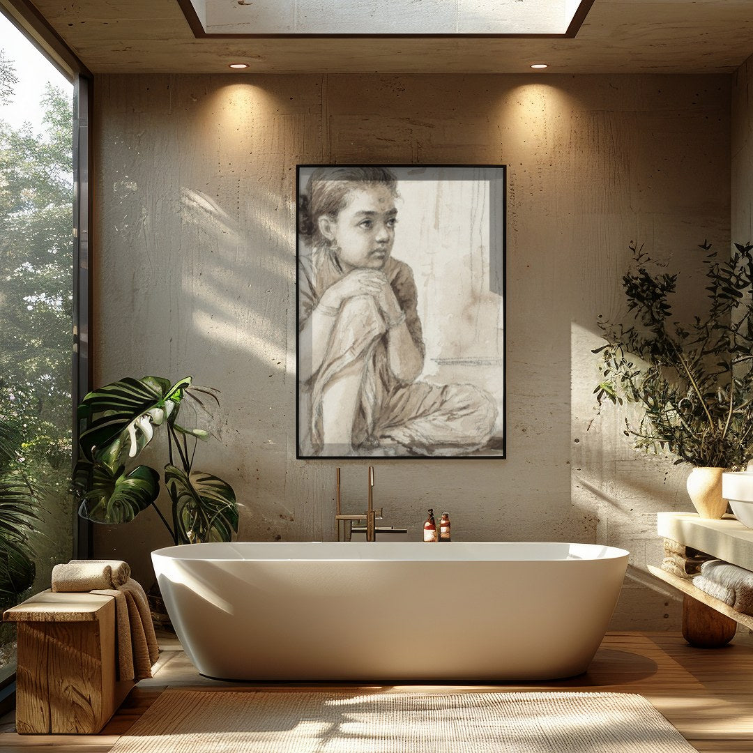 This delicate sketch captures the quiet introspection of a young girl, seated thoughtfully beside a for Bathroom