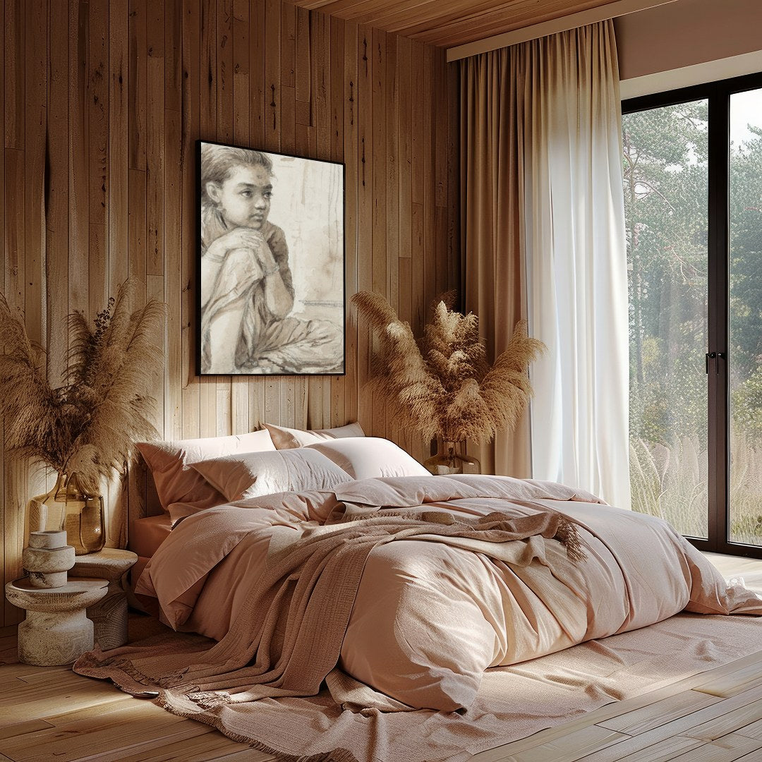 This delicate sketch captures the quiet introspection of a young girl, seated thoughtfully beside a for Bedroom