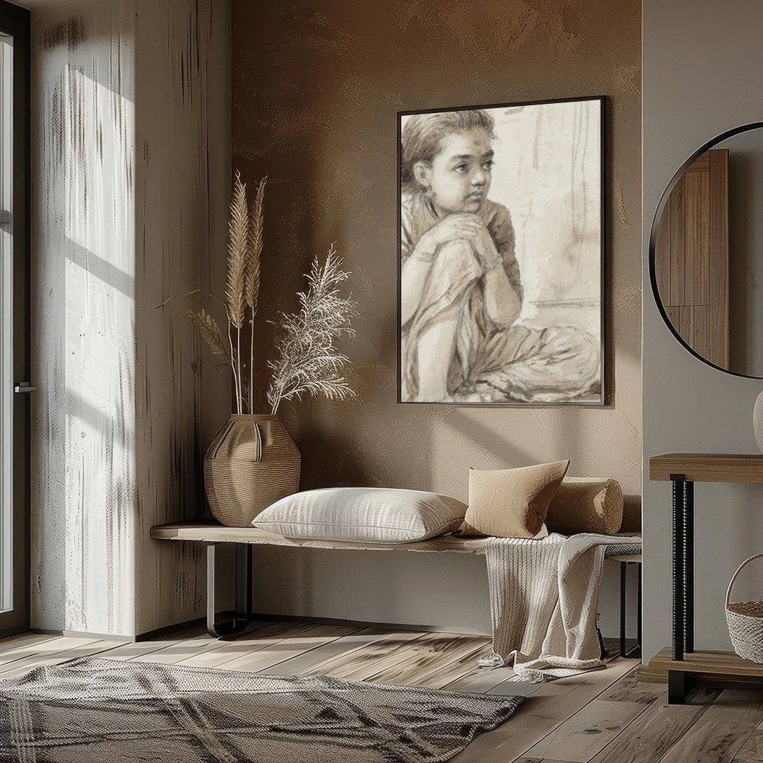 This delicate sketch captures the quiet introspection of a young girl, seated thoughtfully beside a for dwelling