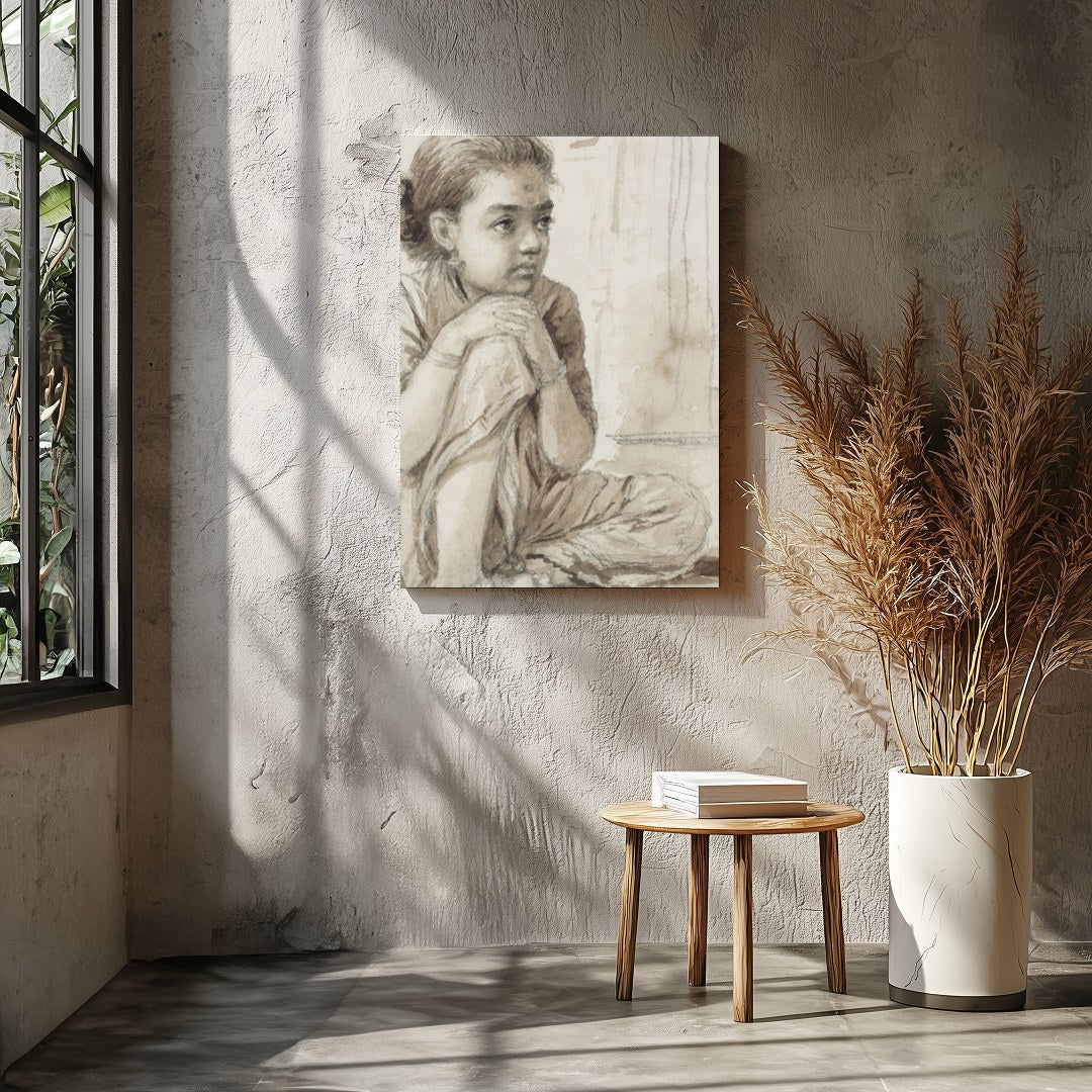 This delicate sketch captures the quiet introspection of a young girl, seated thoughtfully beside a for Entrance